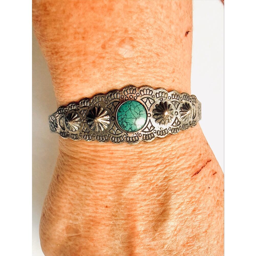 Vintage Southwestern Stamped Cuff Bracelet Faux Turquoise Silver Tone 6.75”